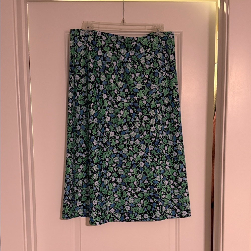LOFT Floral A-Line Midi Skirt in Green and Blue